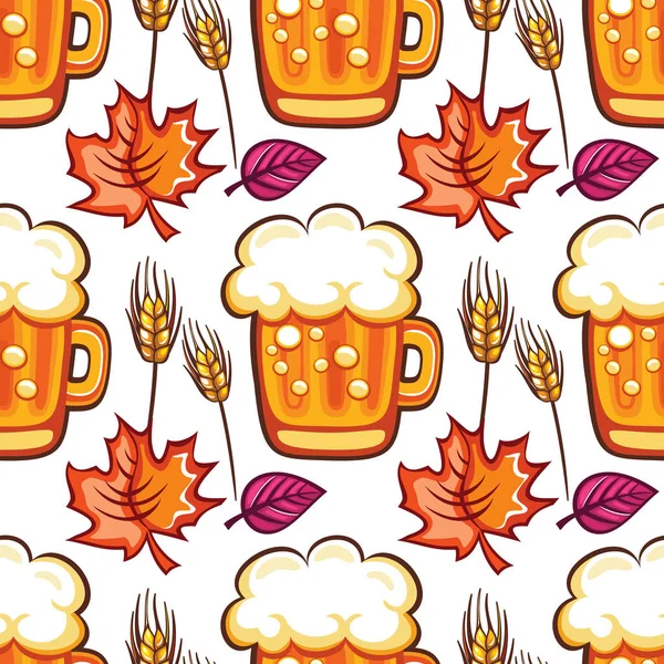 Oktoberfest Patrón sin costuras de cerveza. Tazas de cerveza de dibujos animados, trigo y hojas de otoño. Vector — Archivo Imágenes Vectoriales