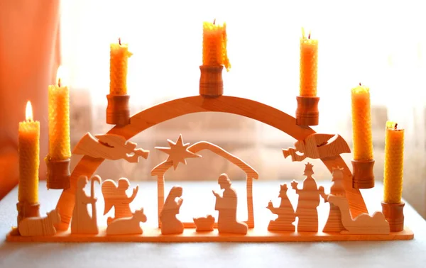 Wooden Nativity Scene Candlestick Handmade Beeswax Candles — Stock Photo, Image