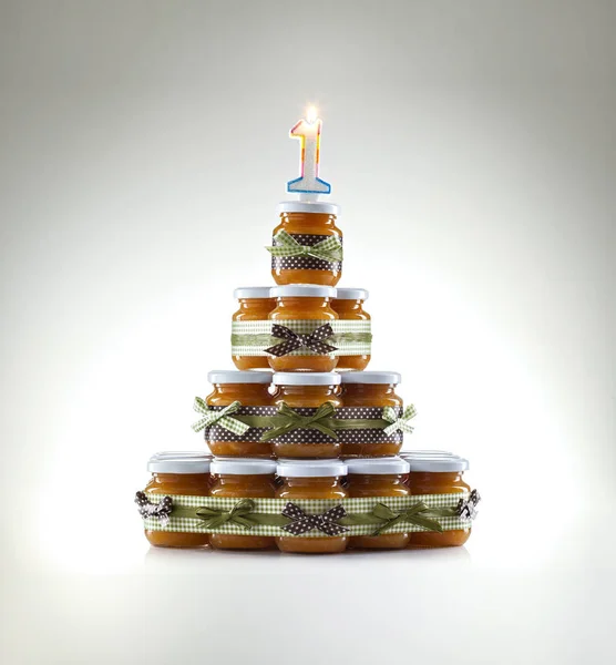 Birthday cake with one candle — Stock Photo, Image