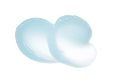 Mavi kozmetik jelin izleri ve dokusu beyaz arkaplanda izole edilmiş.