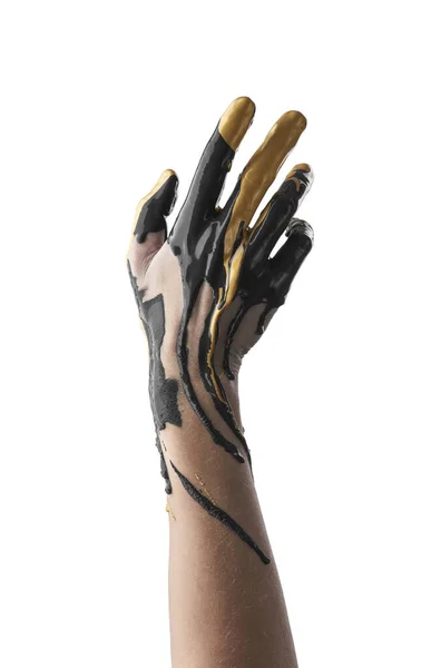 Vrouwelijke Verfijnde Hand Ingesmeerd Met Zwart Goud Acrylverf Een Witte — Stockfoto