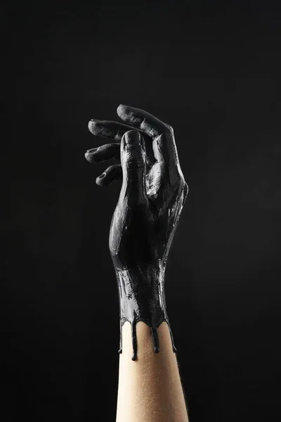 Female Refined Hand Smeared Black Acrylic Paint Black Background — Stock Photo, Image