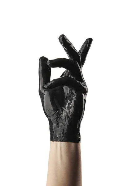 Weibliche Raffinierte Hand Mit Schwarzer Acrylfarbe Auf Weißem Hintergrund Beschmiert — Stockfoto