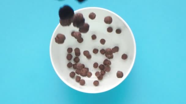チョコレートと口の中で水をやる朝食シリアルボールは 明るい青の背景に白いカップに落ちます — ストック動画