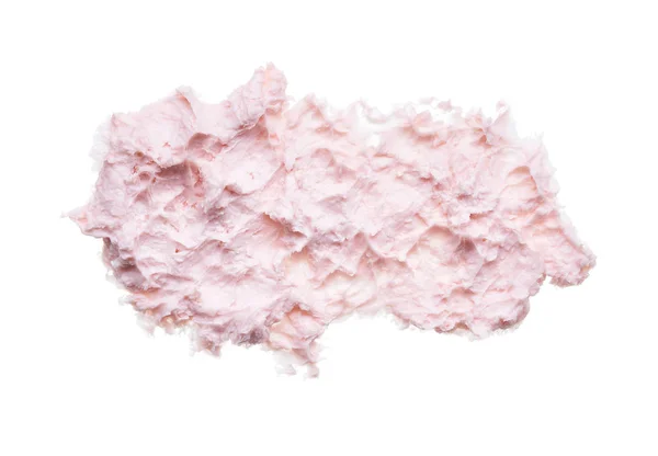 略带粉色的笔触和白色背景上的面霜或粉红丙烯酸涂料的质地 — 图库照片