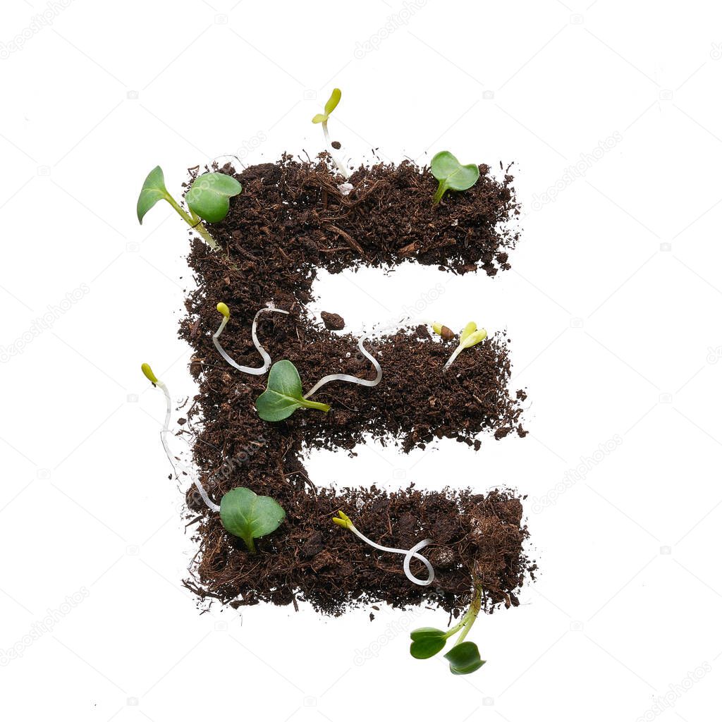 Letter of the English alphabet isolated on white background. The stencil is created using earth with young sprouts.