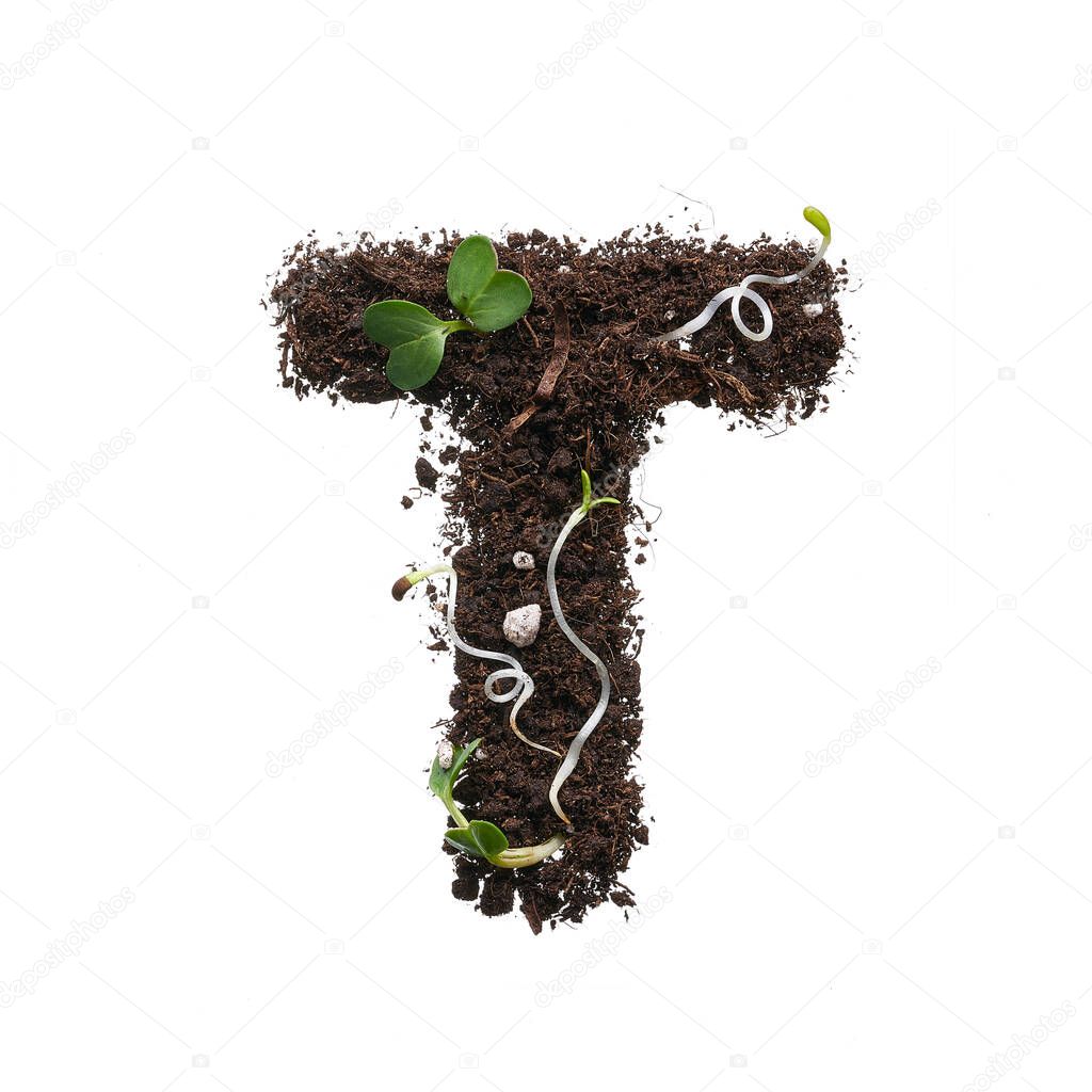 Letter of the English alphabet isolated on white background. The stencil is created using earth with young sprouts.