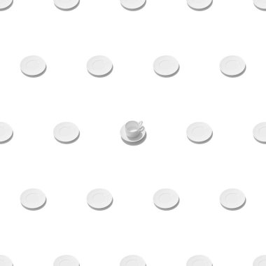 Beyaz arka planda, beyaz seramik çay takımının kusursuz deseni.