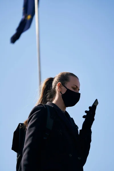 Light Skinned Blonde Girl Black Protective Mask Her Face Germany — Stock Photo, Image