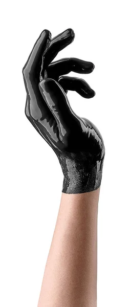 Elegante Weibliche Hand Schwarzem Latex Handschuh Auf Weißem Hintergrund Weibliche — Stockfoto
