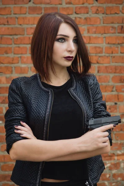 Noir film style woman in a black suit — Stock Photo, Image