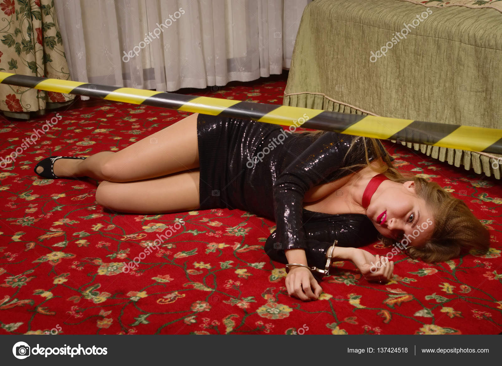 Strangled Beautiful Woman In A Black Dress Lies On The Floor Si Stock