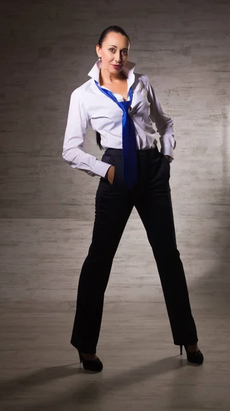 Business woman dressed into pants, white blouse, tie posing on a — Stock Photo, Image