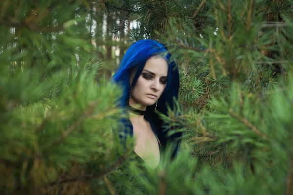 Schöne Frau mit dunkelblauen Haaren in schwarzem Kleid im — Stockfoto