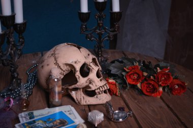 Mystic still life with skull, tarot cards, books and candles clipart