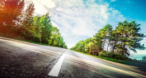 日の出の森で美しい道路 — ストック写真