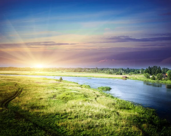 Höstkväll äng och skog — Stockfoto