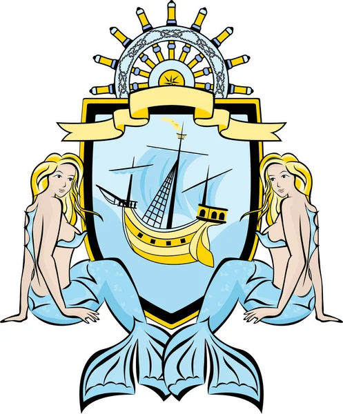 マリンエンブレム 船のステアリングホイール 人魚とリボンバナー第二変異体 — ストックベクタ
