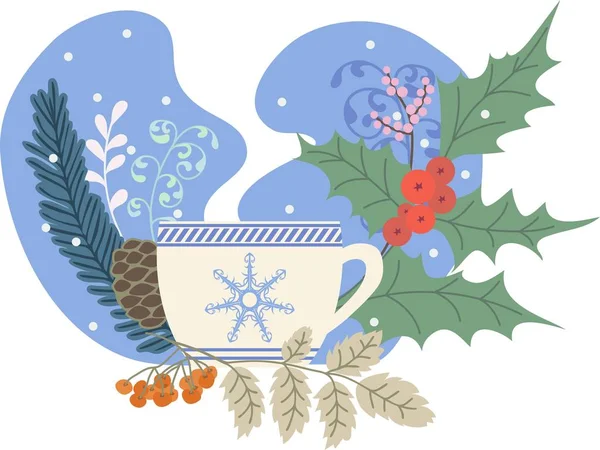 Chá Inverno Azevinho Rowan Árvore Natal Ilustração Colorida Conceito Hygge —  Vetores de Stock