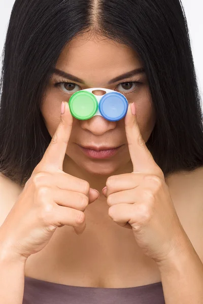 Woman with container for contact lenses — Stock Photo, Image