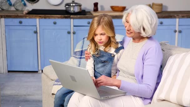 Oma und kleines Mädchen mit Laptop — Stockvideo