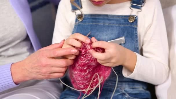 Grandmother and child knitting — Stock Video