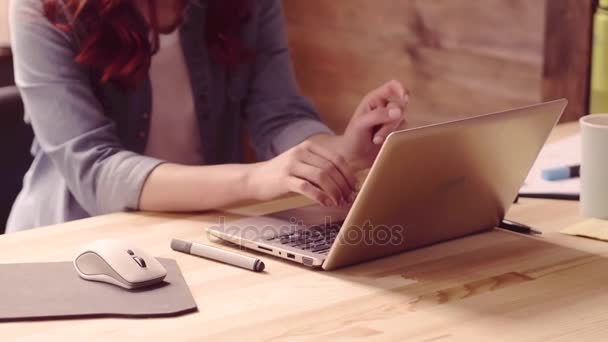 Zbliżenie bizneswoman, wpisując na laptopie i oznaczania danych w kalendarzu. — Wideo stockowe
