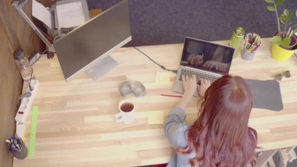 Rojo peludo freelance mujer trabajando con lap top, hablando por teléfono . — Vídeo de stock