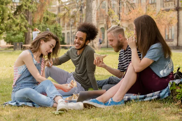 Студенти, які мають пікнік на траві перед університетом . — стокове фото