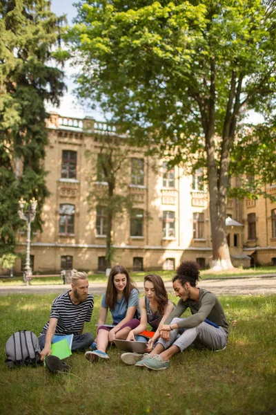 Studenten auf dem Campus der Universität sitzen auf Gras. — Stockfoto