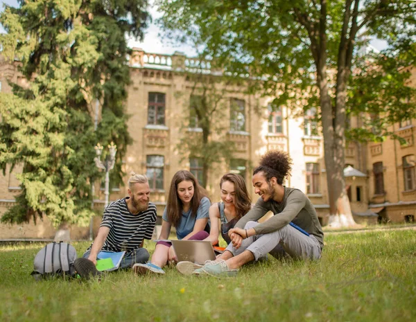 Ver en estudiantes alegres sentados en la hierba en el día soleado . — Foto de Stock