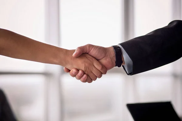 Businessman and businesswoman shake hands on agreement. — Stock Photo, Image