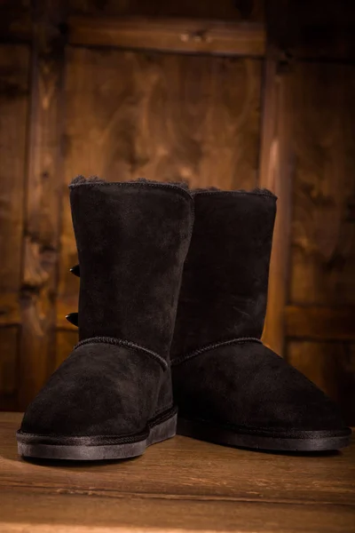 Pair of black winter boots. — Stock Photo, Image