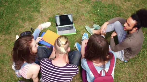 Bovenste weergave van groep college vrienden genieten van zonnige dag in campus. — Stockvideo