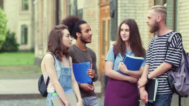 Amici del college in piedi a parlare prima delle lezioni universitarie . — Video Stock