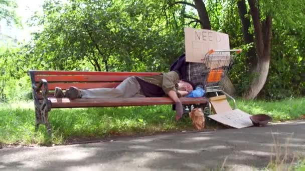 Straßenleben des alten einsamen Bettlers. — Stockvideo