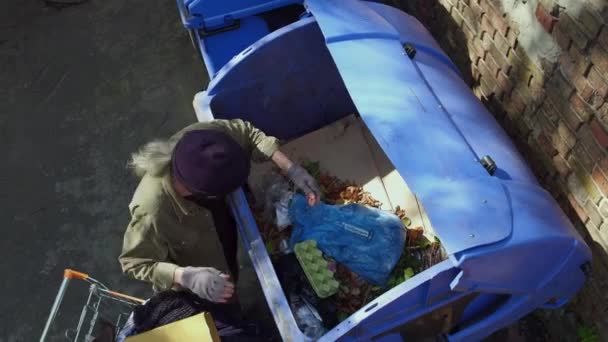 Weergave voor tramp graven in vuilnisbak. — Stockvideo