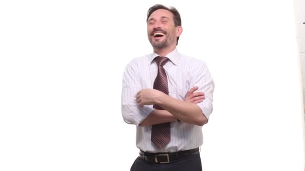 Šťastný podnikatel, směje se na někoho — Stock video