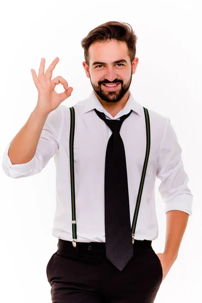 Homem elegante no fundo branco mostrando ok . — Fotografia de Stock