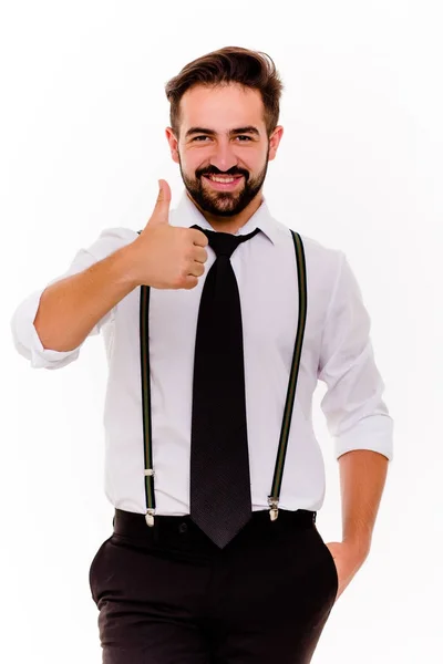 Handsome businessman showing thumb up on white background. — Stock Photo, Image