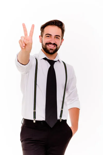 Cheerful businessman showing victory with his palm. — Stock Photo, Image