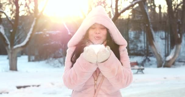 Asiatico soffiaggio neve in il palme e avendo divertimento . — Video Stock