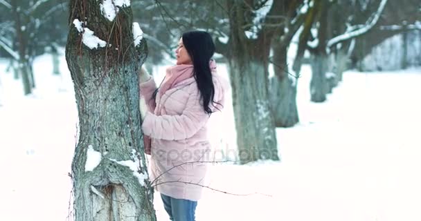 Hermosa mujer sexy cuidar del árbol en el jardín cubierto de nieve . — Vídeo de stock