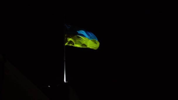 Grote Oekraïense vlag wapperend in de wind in de donkere lucht — Stockvideo