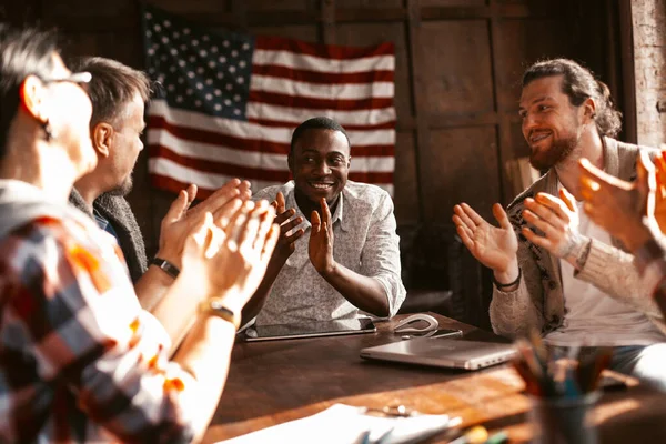 American Business Team Applaud During Teamwork In Office — 스톡 사진