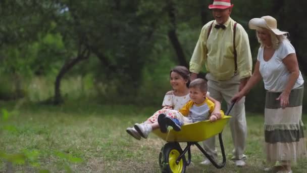 Oma en opa rijden op hun kleinkinderen in een kruiwagen. — Stockvideo