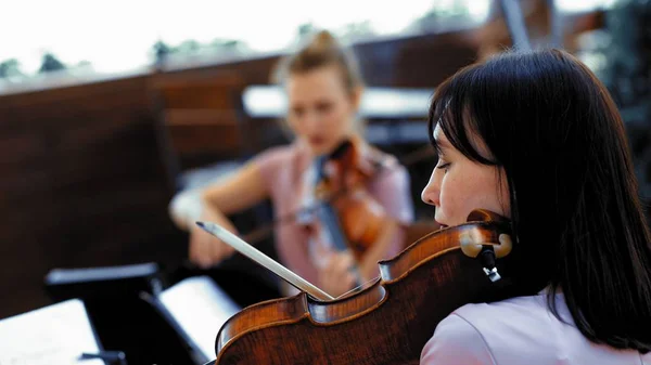 Orchestra d'archi di musicisti esegue musica classica all'aperto — Foto Stock