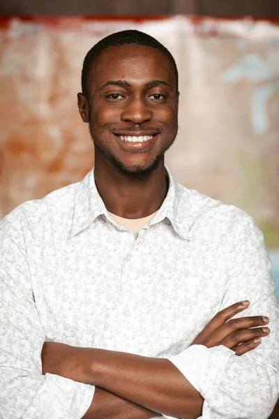 African-American Man Smiles Confident Across The US Map — Stock Photo, Image