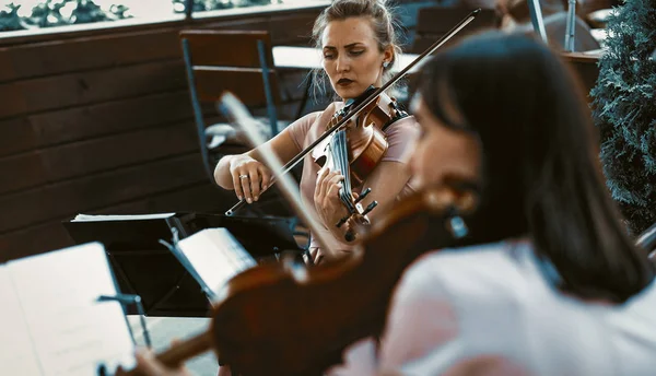 테라스 밖에서 연주하는 현악 단원 여자 — 스톡 사진
