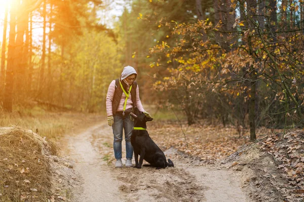 Vrouw lopen met haar hond in herfst bos — Stockfoto